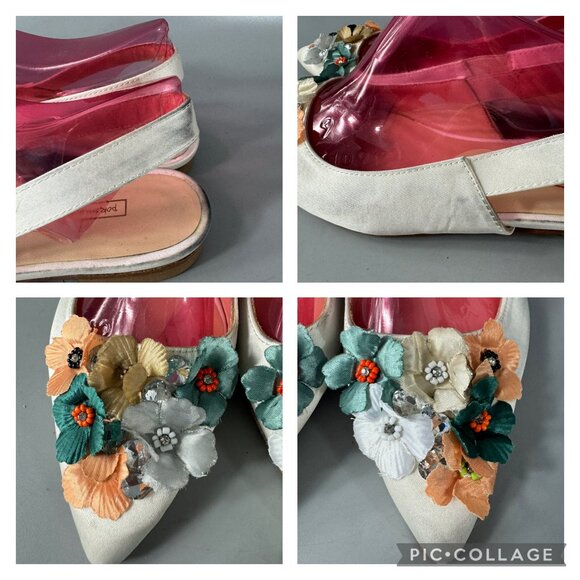 Pokemaoke BHLDN Alta 3D Flowers 6 Ivory Satin Floral Slingback , Size 40 - Picture 15 of 16